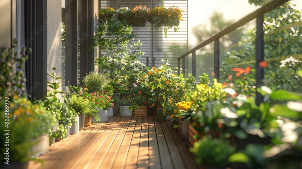 A balcony filled with various potted plants and blooming flowers against a railing