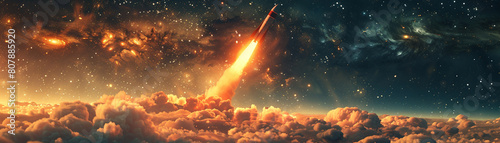 Rocket blasting off into the unknown expanse of space photo