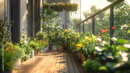 A balcony filled with various potted plants and blooming flowers against a railing © Exclusive 