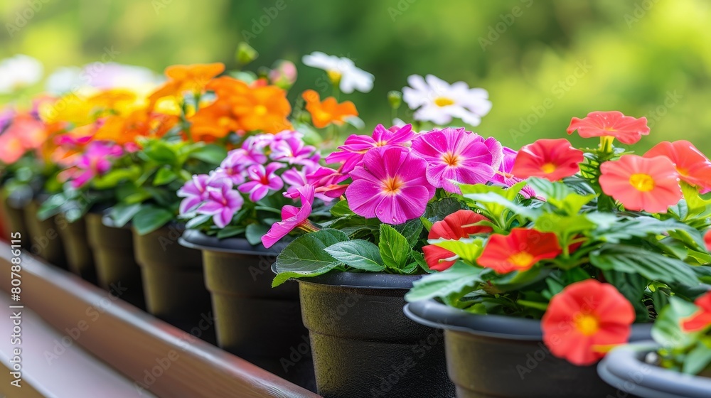 A row of vibrant flowers in black pots lined up on a balcony railing
