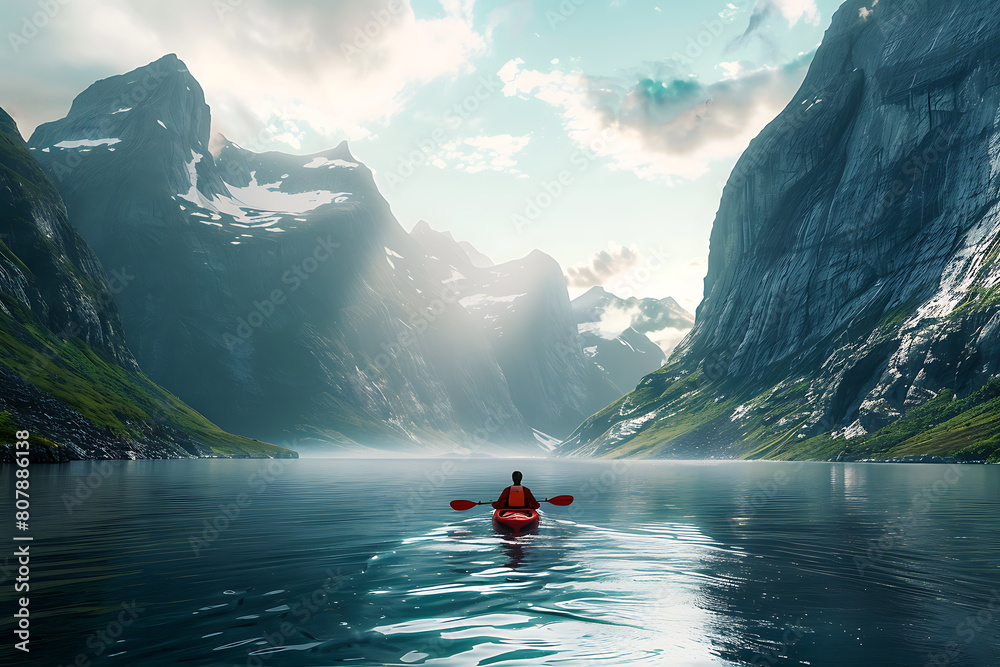 A person enjoys a tranquil kayak ride on calm waters, surrounded by nature's beauty and serenity. A person enjoys a tranquil kayak ride on calm waters, surrounded by nature's beauty and serenity.