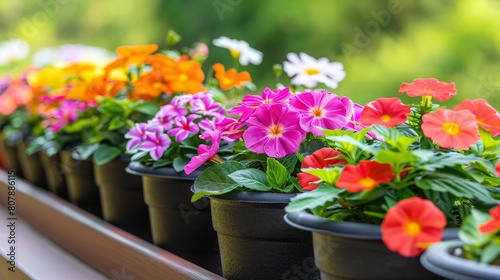 Fototapeta Naklejka Na Ścianę i Meble -  A row of vibrant flowers in black pots lined up on a balcony railing