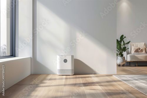air cleaner air purifier a living room air purifier cleans the air realistic concept 3D render white wall room photo