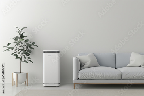 concept of an air purifier in a living room comes to life in this 3D render against a white wall room photo