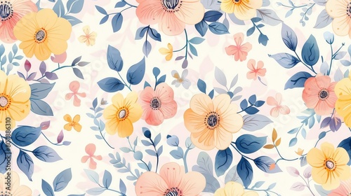 abstract floral pattern background featuring a variety of colorful flowers, including yellow, orange, pink, and blue blooms