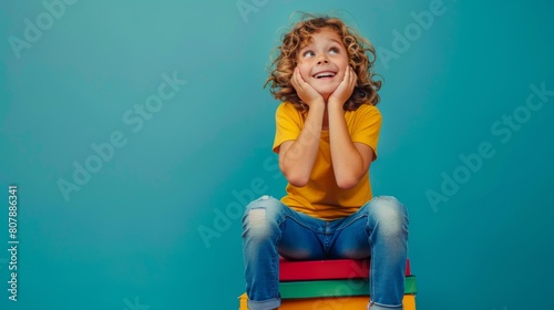Boy Excitedly Dreaming on Books photo