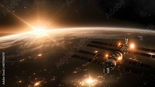 Fototapeta Naklejka Na Ścianę i Meble -  Exploring space for resources protecting the solar system in a futuristic war. Concept Space Exploration, Resource Scarcity, Solar System Protection, Futuristic Warfare, Technology Advancements