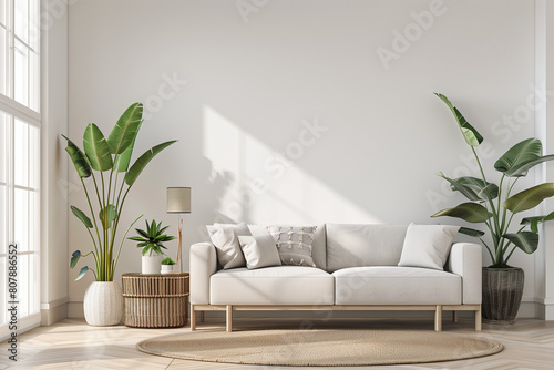 Dive into the world of clean air with an air purifier showcased in a living room in this 3D render against a white wall room