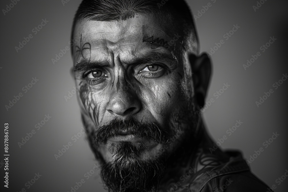 Close-up portrait of a black-and-white photograph of a prisoner man