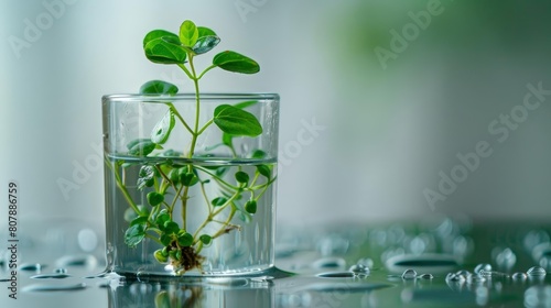 aquatic plant in glass vase on table, reflected in clear water, with a green leaf in the foreground