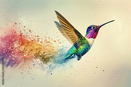 Dynamic Hummingbird in Flight with Water Droplets and Dark Background 