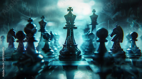 cyber realm chess, the queen floats in the center surrounded by pawns, realism, cinematic