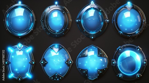 Science fiction glowing deflector elements, firewall absolute protection on black background, Realistic 3D modern set with force shield bubbles. photo