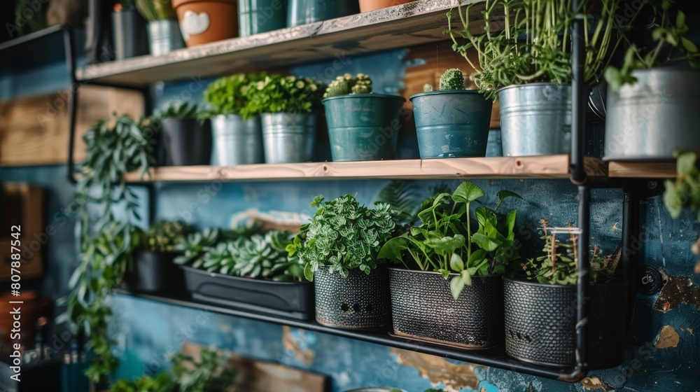 Numerous potted plants of various sizes and species neatly arranged on shelves in a store Numerous potted plants of various sizes and species neatly arranged on shelves in a store