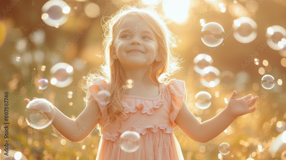 A young girl happily stands in a grassy field surrounded by floating soap bubbles