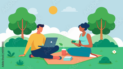 Two people lounge on a picnic blanket in the park enjoying a budgetfriendly date as they work towards paying off their student loans together.. Vector illustration © Justlight