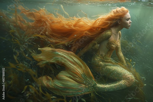 A female fantasy novel character named Mermaid is swimming in the sea with her beautiful and outstanding tails, and some sparkling effect is lighting around her. photo