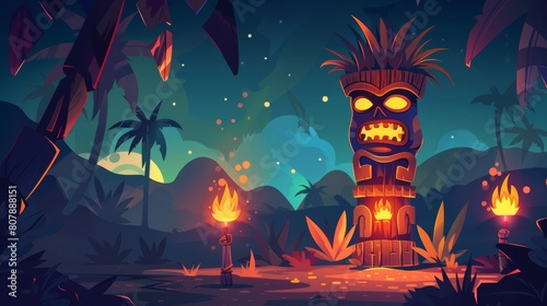 This tiki bar website shows a wooden tribal mask and burning torches on a bamboo stick. The landing page is a cartoon illustration of a polynesian totem and palm trees reflected in the evening light.