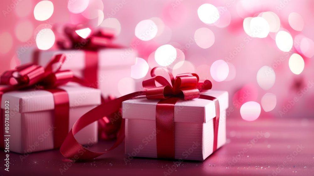 Three wrapped gifts with red ribbons sit on a table against a backdrop of pink lights.