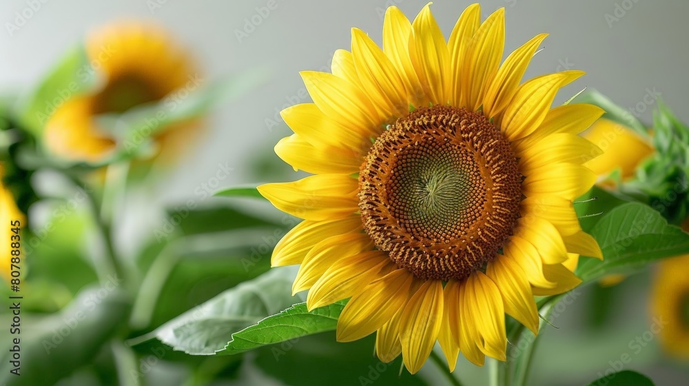 blooming sunflower close - up with yellow flowers and green leaves blooming sunflower close - up with yellow flowers and green leaves