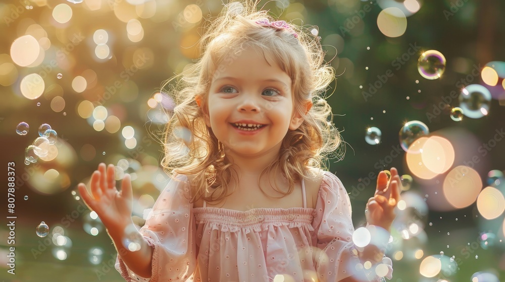 A young girl happily plays with floating soap bubbles in the air A young girl happily plays with floating soap bubbles in the air