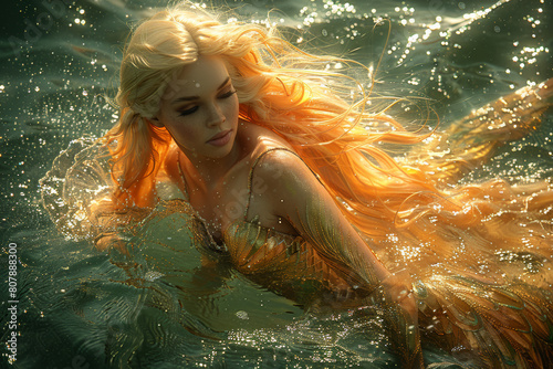 A female fantasy novel character named Mermaid is swimming in the sea with her beautiful and outstanding tails, and some sparkling effect is lighting around her. © Surachetsh