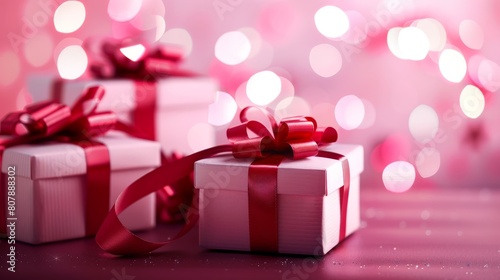 Three wrapped gifts with red ribbons sit on a table against a backdrop of pink lights. © Naphol