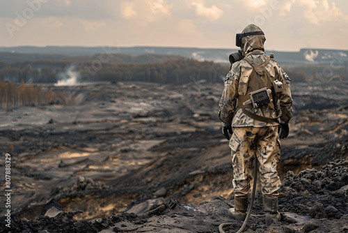 Aftermath of nuclear war, scientists in radiation protection suits are inspecting the area.