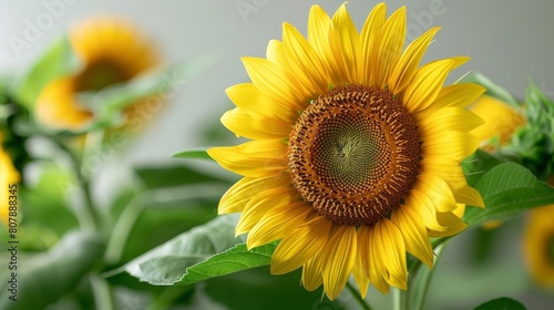 blooming sunflower close - up with yellow flowers and green leaves