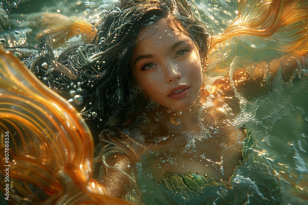 A female fantasy novel character named Mermaid is swimming in the sea with her beautiful and outstanding tails, and some sparkling effect is lighting around her. A female fantasy novel character named Mermaid is swimming in the sea with her beautiful and outstanding tails, and some sparkling effect is lighting around her.