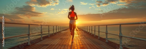 A slim and active woman jogging at the pier during sunset, exuding vitality and wellness. photo