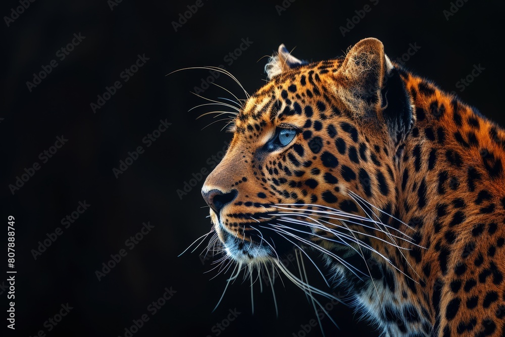 Obraz premium Detailed view of a leopard with striking blue eyes staring directly at the camera