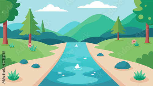 A small creek running alongside the designated yoga area providing a tranquil soundtrack for the soothing and rejuvenating practices.. Vector illustration