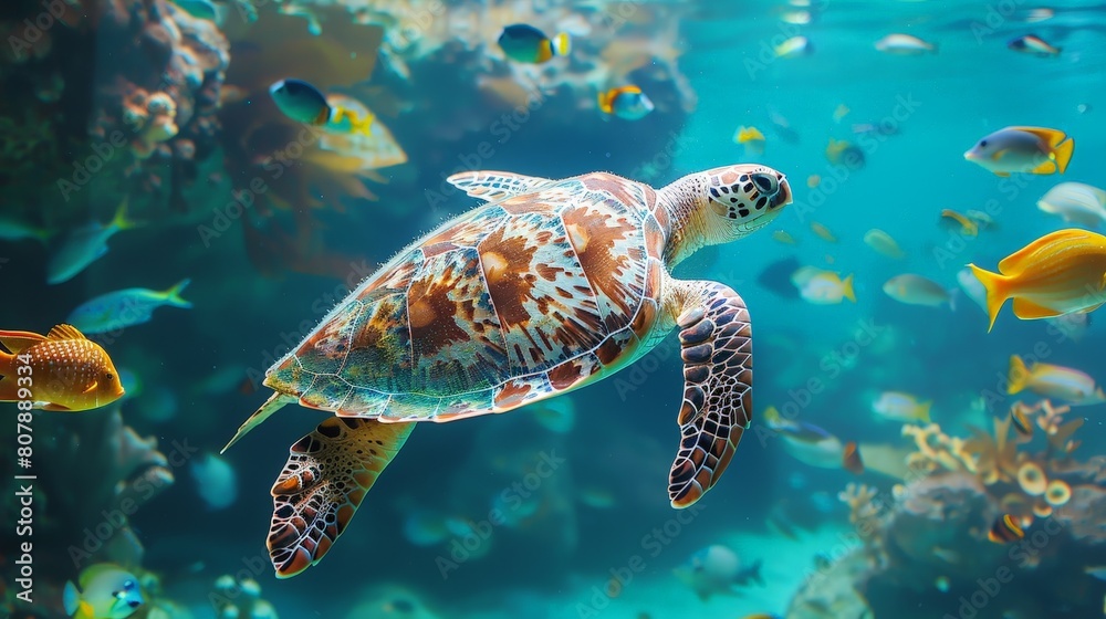 Obraz premium A turtle gracefully swims amidst a diverse array of fish in a bustling aquarium