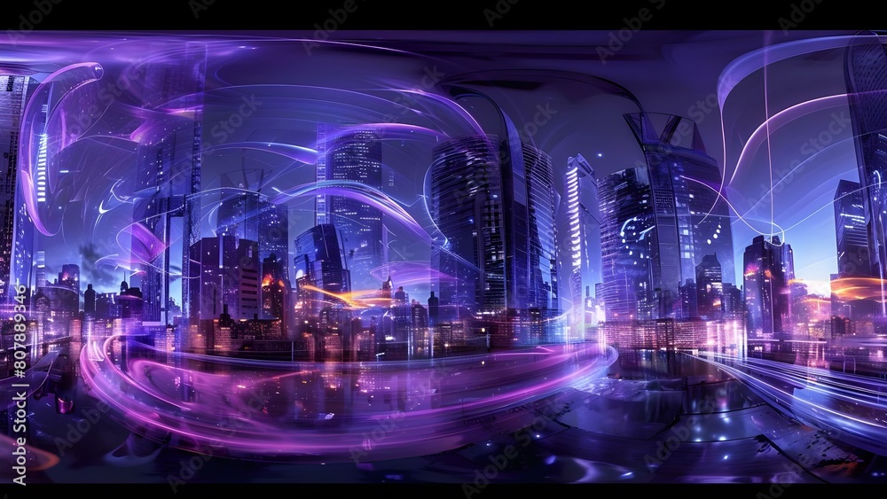 HDRI equirectangular projection of futuristic Cyberpunk Night City environment for 3D scenes. Concept Environment Design, 3D Modeling, Cyberpunk Aesthetics, Futuristic Concepts, HDRI Rendering