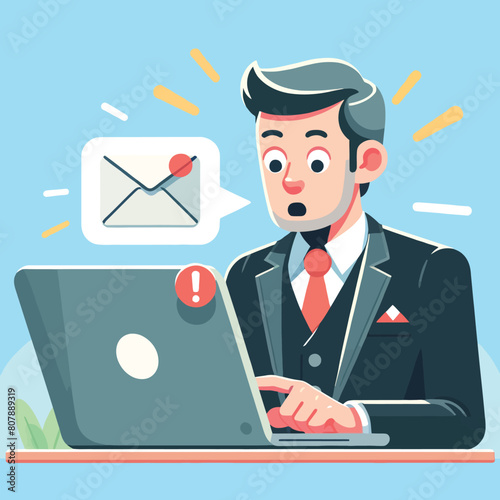 cartoon illustration of a businessman with a laptop receiving an email notification