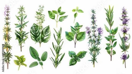 botanical drawing of herbs featuring purple flowers and green leaves on a isolated background
