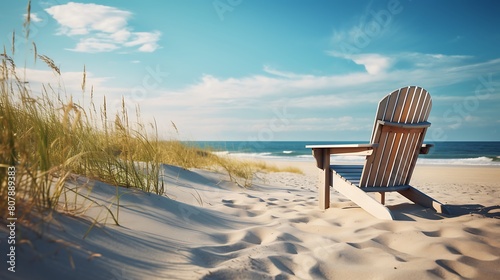 A classic wooden Adirondack chair on a sandy beach, providing a comfortable spot to soak up the sun photo