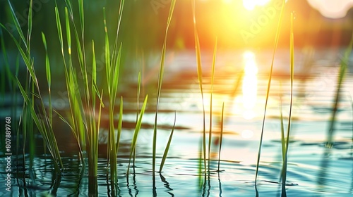 Serene lake at sunset with reeds and golden light reflections photo