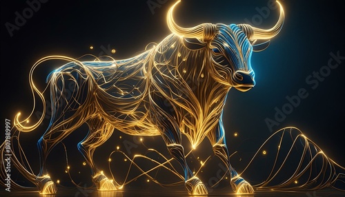 amazing taurus made of bright golden neon wires, photorealistic, highly detailed, high contrast