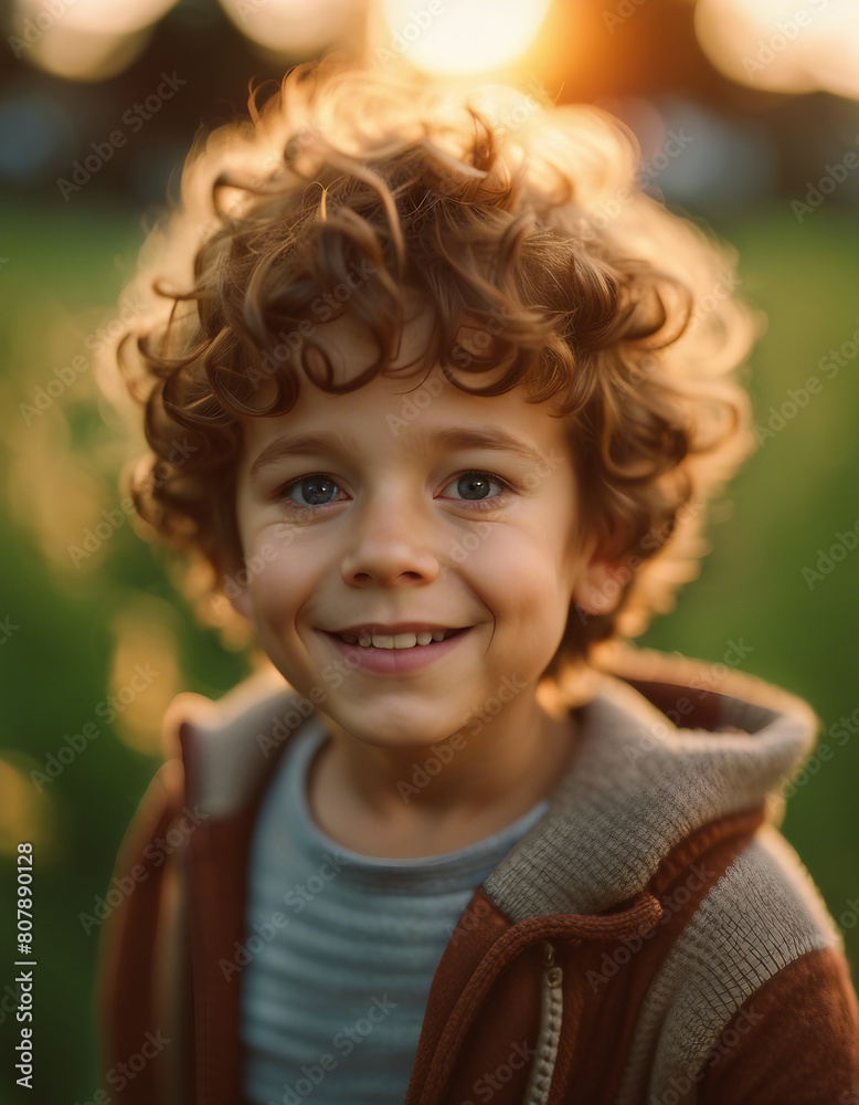 happy portrait of a little boy with curly hair, on the grass sunset
happy portrait of a little boy with curly hair, on the grass sunset