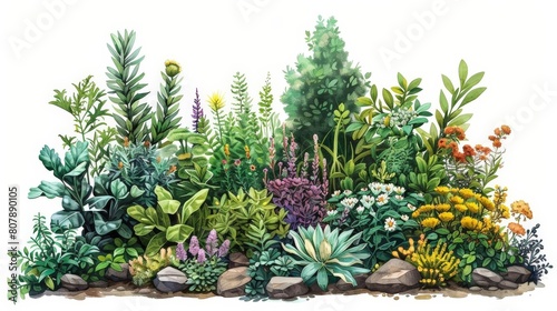 botanical illustration of botanical garden featuring a variety of colorful flowers and plants  including yellow  purple  green  and white blooms  as well as a large gray rock