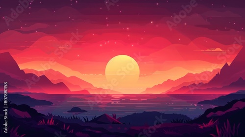 A sunset landscape with mountains and sea on the horizon