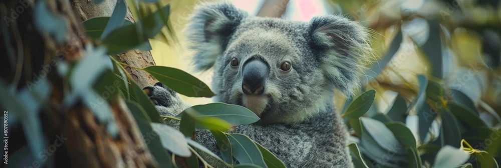 Fototapeta premium A koala bear calmly perched in a eucalyptus tree, showcasing its unique marsupial features