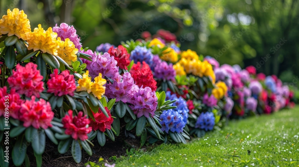 Obraz premium Colorful rhododendrons bloom vibrantly in a garden, adding a pop of color to the landscape