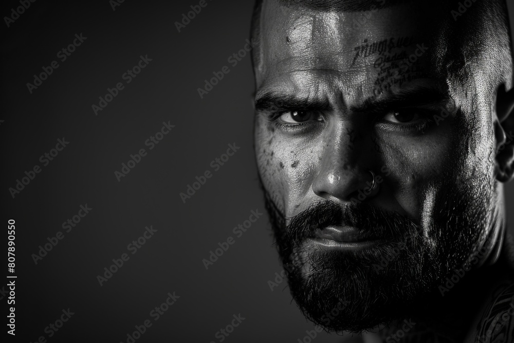 Close-up portrait of a black-and-white photograph of a criminal prisoner man, copy space Close-up portrait of a black-and-white photograph of a criminal prisoner man, copy space