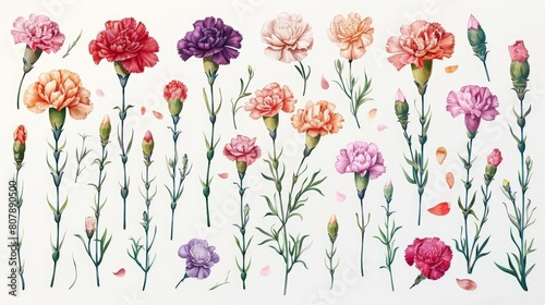 botanical illustration of carnation flowers in various shades of pink  purple  and red  with green stems  on a isolated background