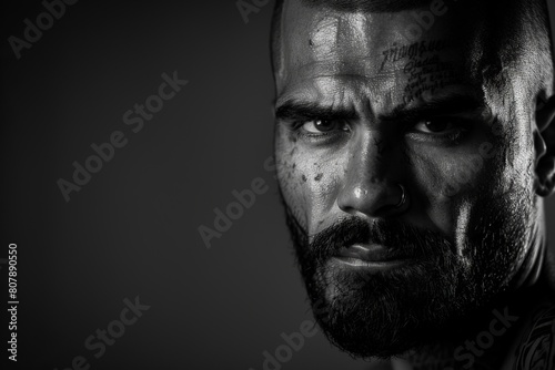 Close-up portrait of a black-and-white photograph of a criminal prisoner man, copy space photo