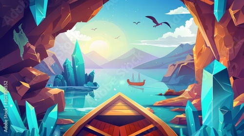 An entrance to a cave with blue crystals and a view to a lake and mountains in the distance. Modern cartoon landscape depicting a stone cave entrance with a view of the sea, a boat, birds flying, the photo