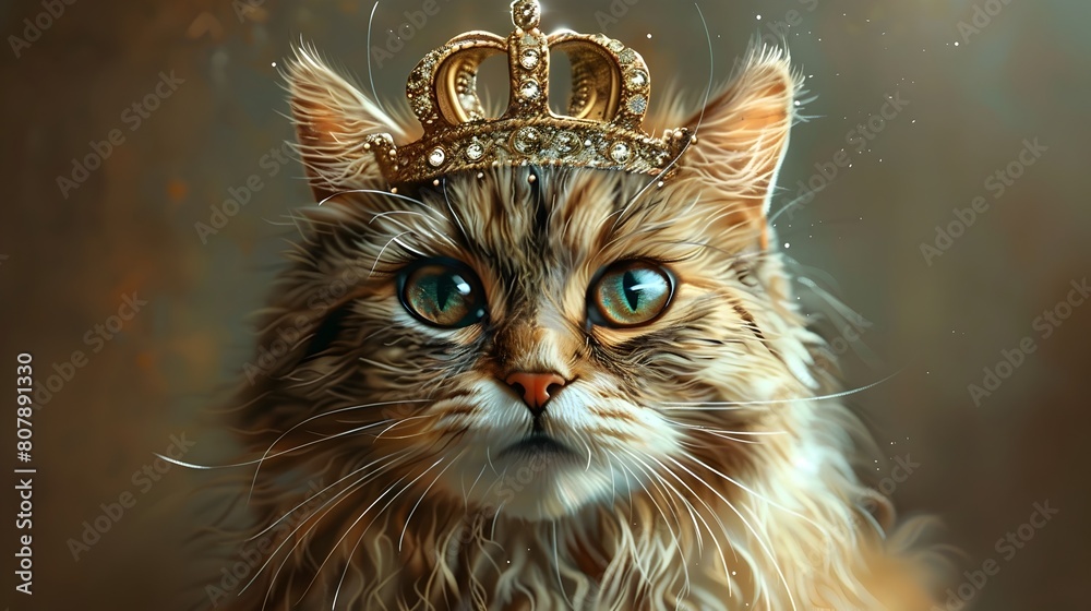 Portrait of a Mischievous Cat Wearing a Tiny Crown Exuding Regal Charm and Playful Personality